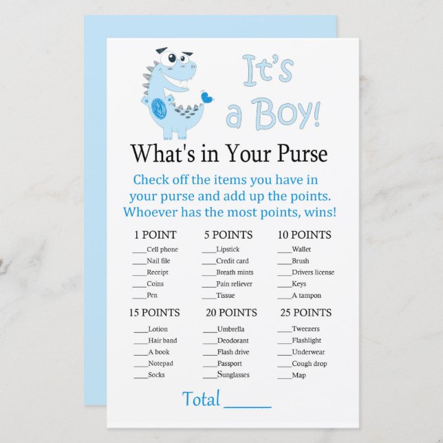 Blue Dinosaur What's in your purse game (Front/Back)