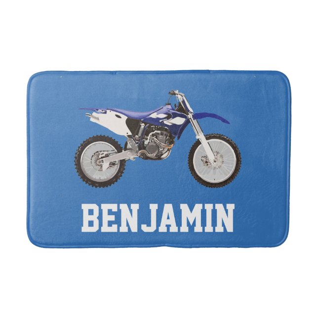 Blue Dirt Bike Name Bath Mat (Front)