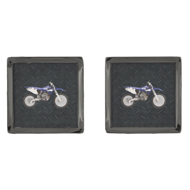 Blue Dirt Bike on a Diamond Plate Background Gunmetal Finish Cufflinks (Front)