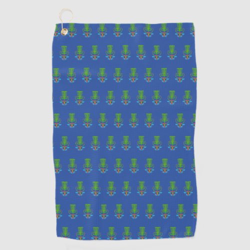Blue Disc Golf towel with green basket