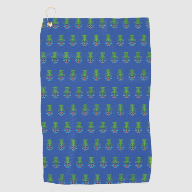 Blue Disc Golf towel with green basket (Front)