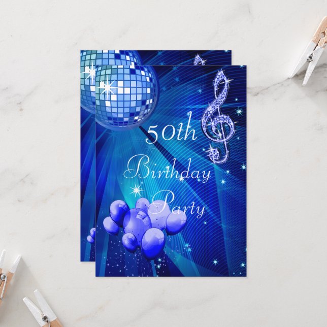 Blue Disco Ball and balloons 50th Birthday  Invita Invitation (Front/Back In Situ)