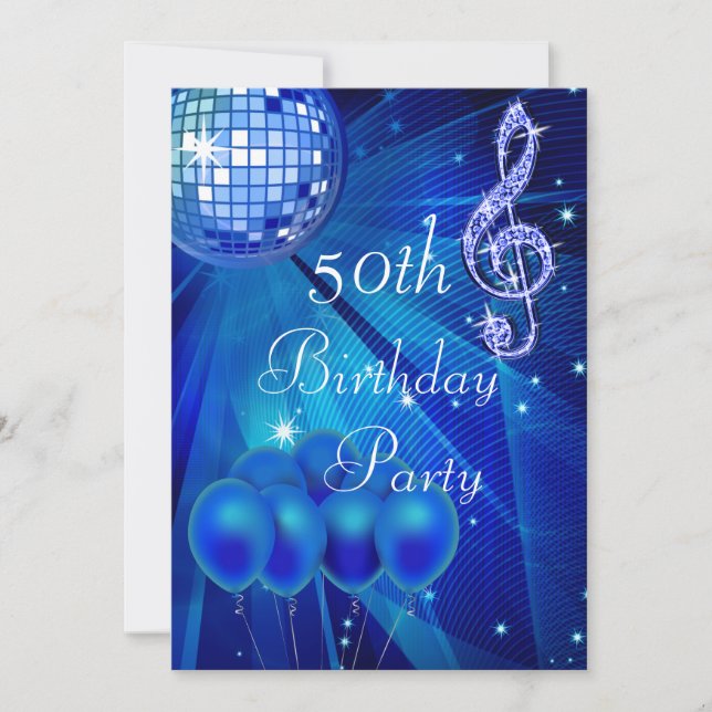 Blue Disco Ball and balloons 50th Birthday  Invitation (Front)