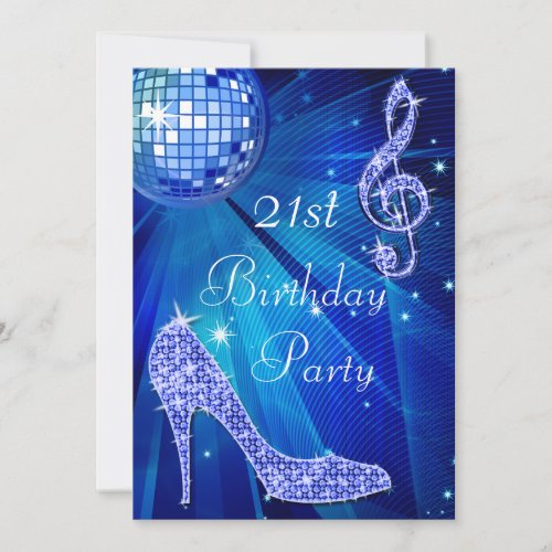 Blue Disco Ball and Heels 21st Birthday Invitation