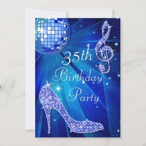 Blue Disco Ball and Heels 35th Birthday Invitation
