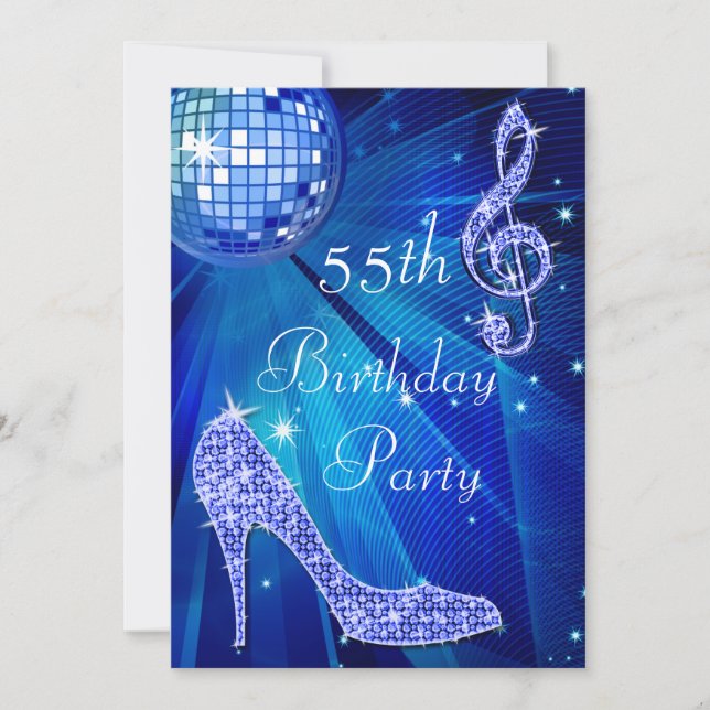 Blue Disco Ball and Heels 55th Birthday Invitation (Front)