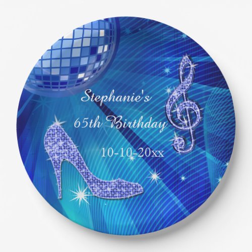Blue Disco Ball and Heels 65th Birthday Paper Plates