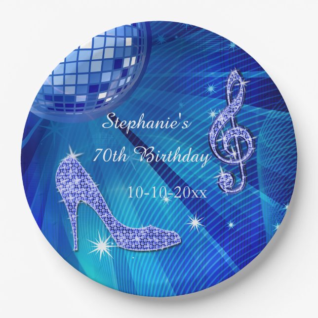 Blue Disco Ball and Heels 70th Birthday Paper Plates (Front)