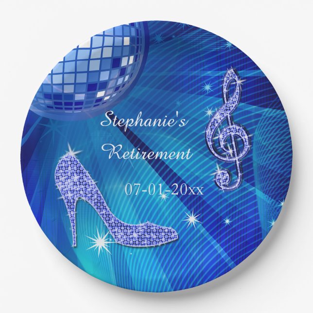 Blue Disco Ball and Heels Retirement Paper Plates (Front)