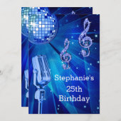 Blue Disco Ball and Retro Microphone 25th Birthday Invitation (Front/Back)