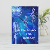 Blue Disco Ball and Retro Microphone 25th Birthday Invitation (Standing Front)
