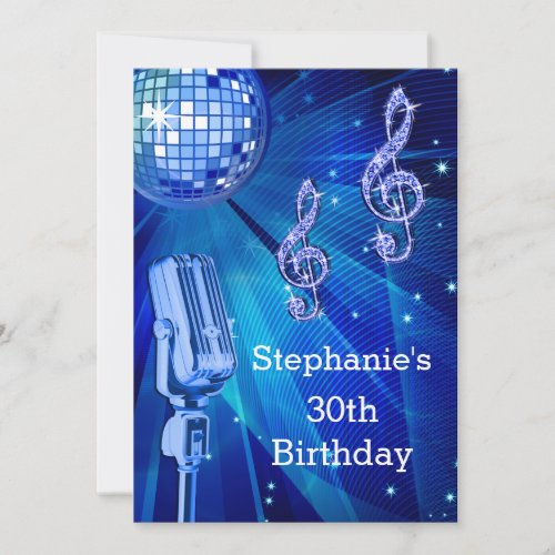 Blue Disco Ball and Retro Microphone 30th Birthday Invitation