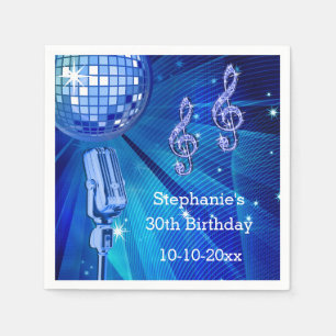Blue Disco Ball and Retro Microphone 30th Birthday Napkins