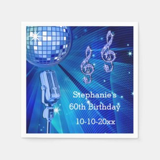 Blue Disco Ball and Retro Microphone 60th Birthday Napkin