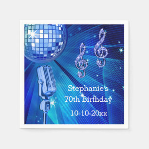 Blue Disco Ball and Retro Microphone 70th Birthday Napkins