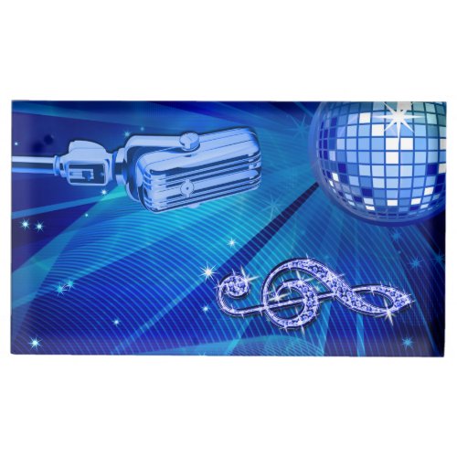 Blue Disco Ball and Retro Microphone Place Card Holder