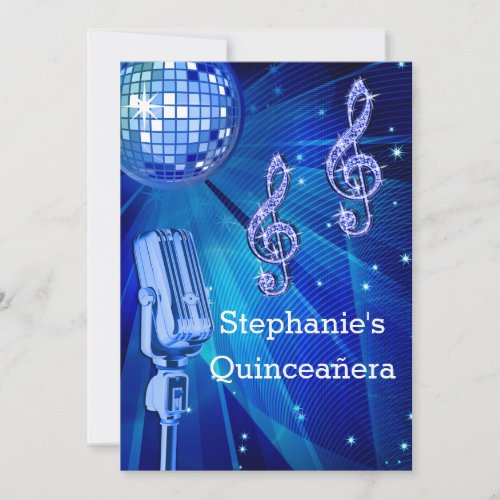 Blue Disco Ball and Retro Microphone Quinceaera Invitation