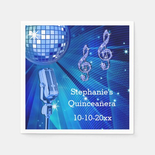 Blue Disco Ball and Retro Microphone Quinceaera Paper Napkins