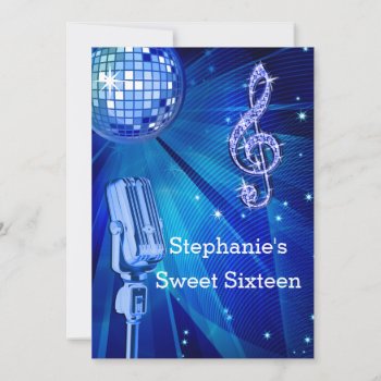 Blue Disco Ball And Retro Microphone Sweet 16 Invitation by Sarah_Designs at Zazzle