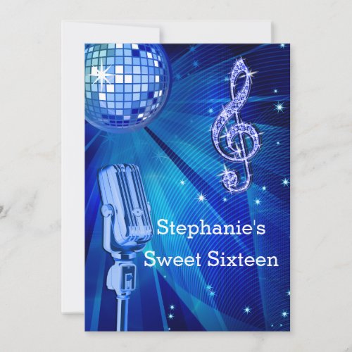 Blue Disco Ball and Retro Microphone Sweet 16 Invitation