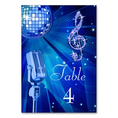 Blue Disco Ball and Retro Microphone Table Number