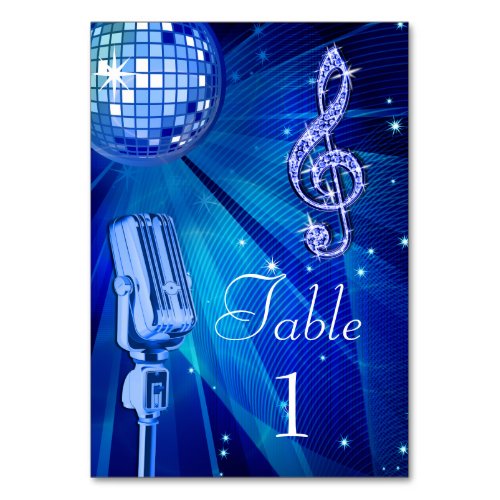 Blue Disco Ball and Retro Microphone Table Number