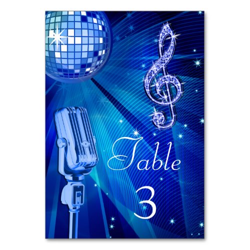 Blue Disco Ball and Retro Microphone Table Number