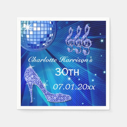 Blue Disco Ball and Sparkle Heels 30th Paper Napkins