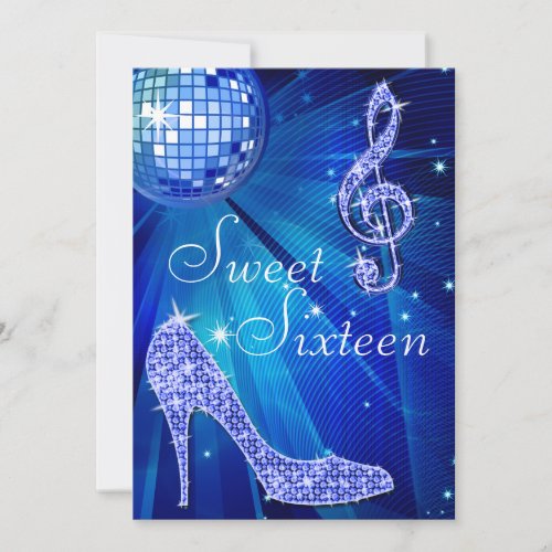 Blue Disco Ball and Sparkle Heels Sweet 16 Invitation