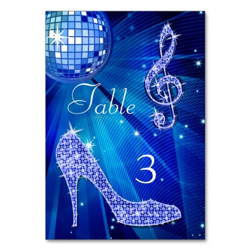 Blue Disco Ball and Stiletto Shoe Double Sided Table Number