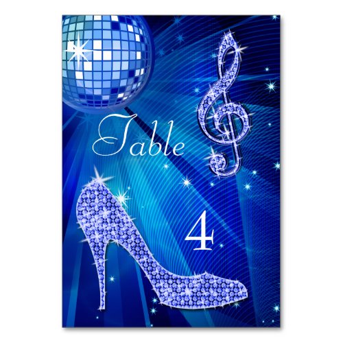 Blue Disco Ball and Stiletto Shoe Double Sided Table Number