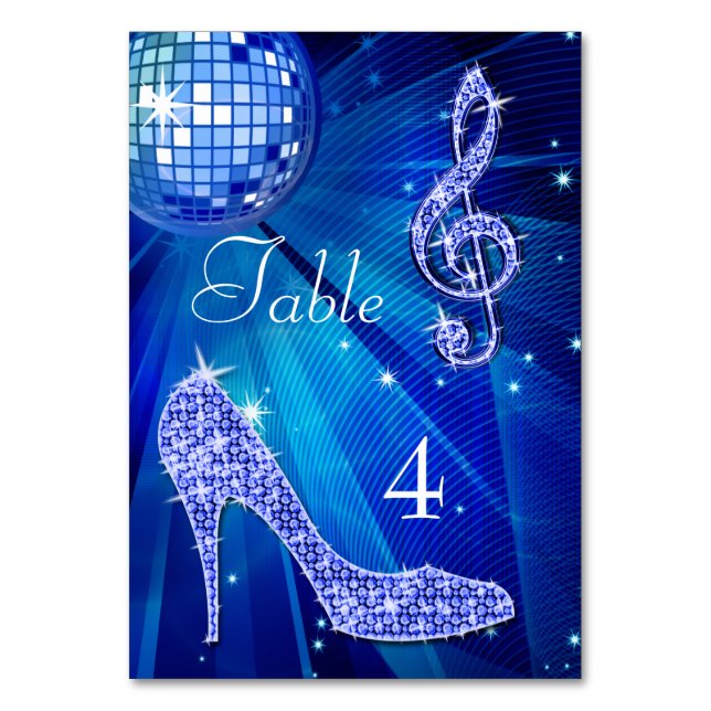 Blue Disco Ball and Stiletto Shoe Double Sided Table Number (Front)