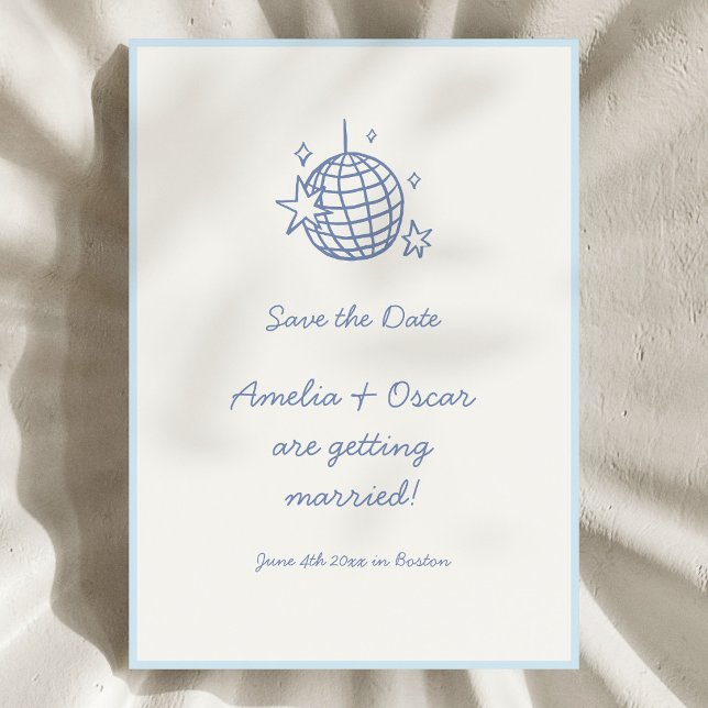 Blue Disco Ball Doodle Simple Fun Script Wedding Save The Date (Creator Uploaded)