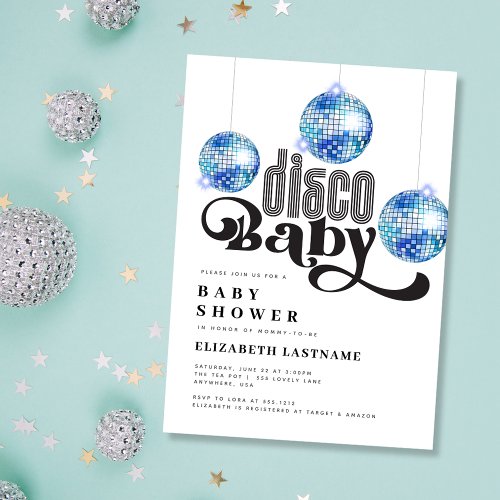 Blue Disco Ball Retro Disco Baby Shower Invitation