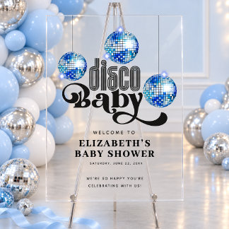 Blue Disco Ball Retro Disco Baby Shower Welcome Acrylic Sign