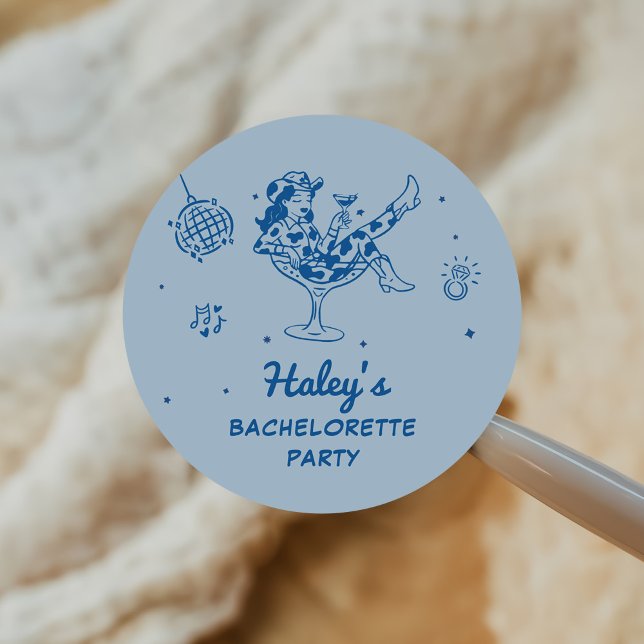 Blue Disco Cowgirl Rodeo Bachelorette Weekend Classic Round Sticker (Creator Uploaded)