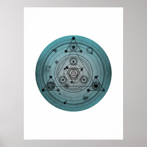 Blue distressed design with sacred geometry symbol poster