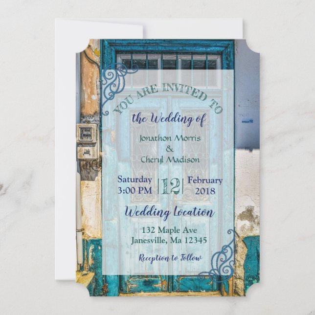 Blue Distressed Rustic Door Wedding Invitations (Front)