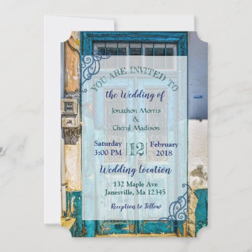 Blue Distressed Rustic Door Wedding Invitations
