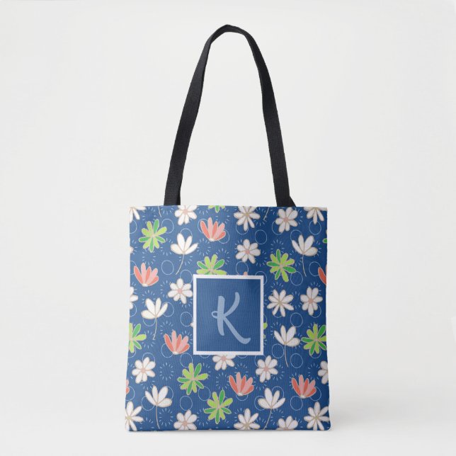 Blue Ditsy Floral Pattern Monogram Tote Bag (Front)