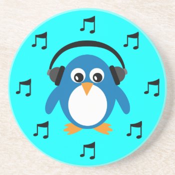 Blue Dj Penguin  Headphones & Musical Notes Coaster by Molly_Sky at Zazzle