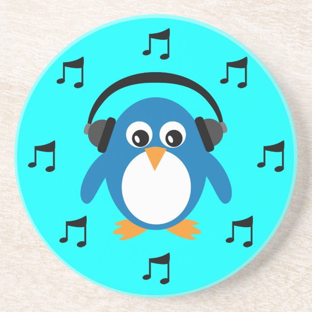 Blue DJ Penguin, Headphones & Musical Notes Coaster (Front)