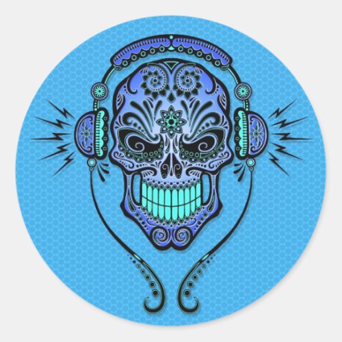 Blue DJ Sugar Skull Classic Round Sticker