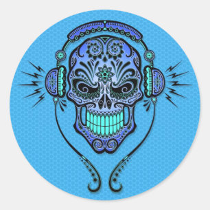 Blue DJ Sugar Skull Classic Round Sticker