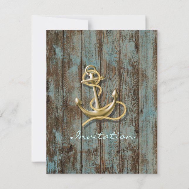 blue dock wood beach anchor nautical wedding invitation (Front)
