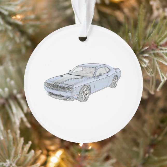 Blue Dodge Challenger Muscle Car Pencil Drawing Ornament (Tree)