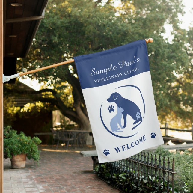 Blue Dog And Cat Logo For Vet Clinic Welcome House Flag (In SItu)