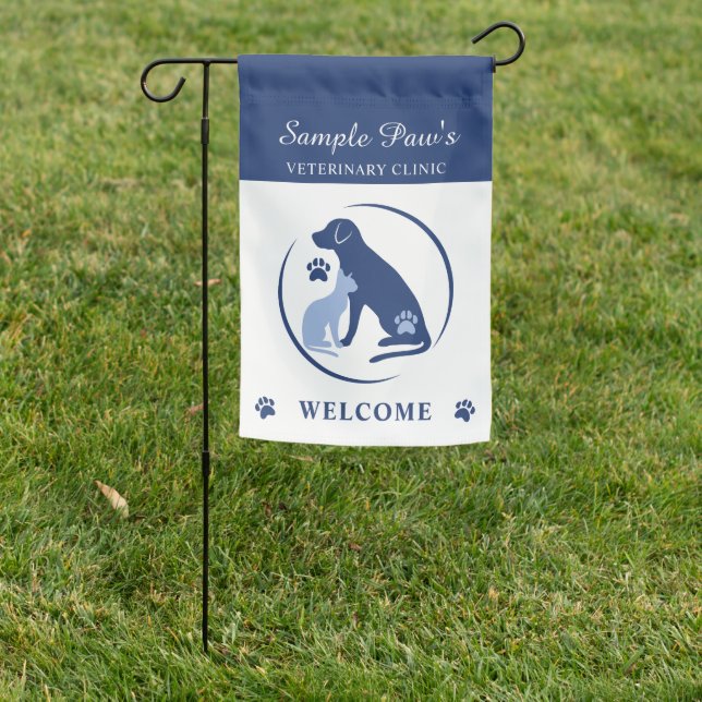 Blue Dog And Cat Logo Veterinary Clinic Welcome Garden Flag (In SItu)