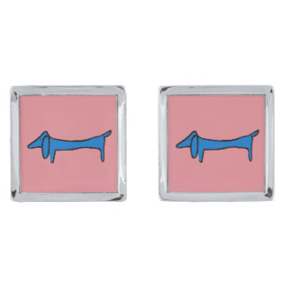 Blue Dog Dachshund on pink Silver Cufflinks