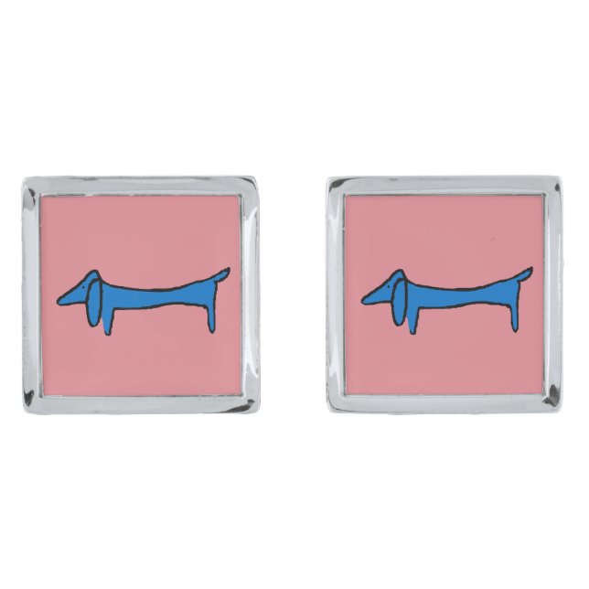 Blue Dog Dachshund on pink Silver Cufflinks (Front)